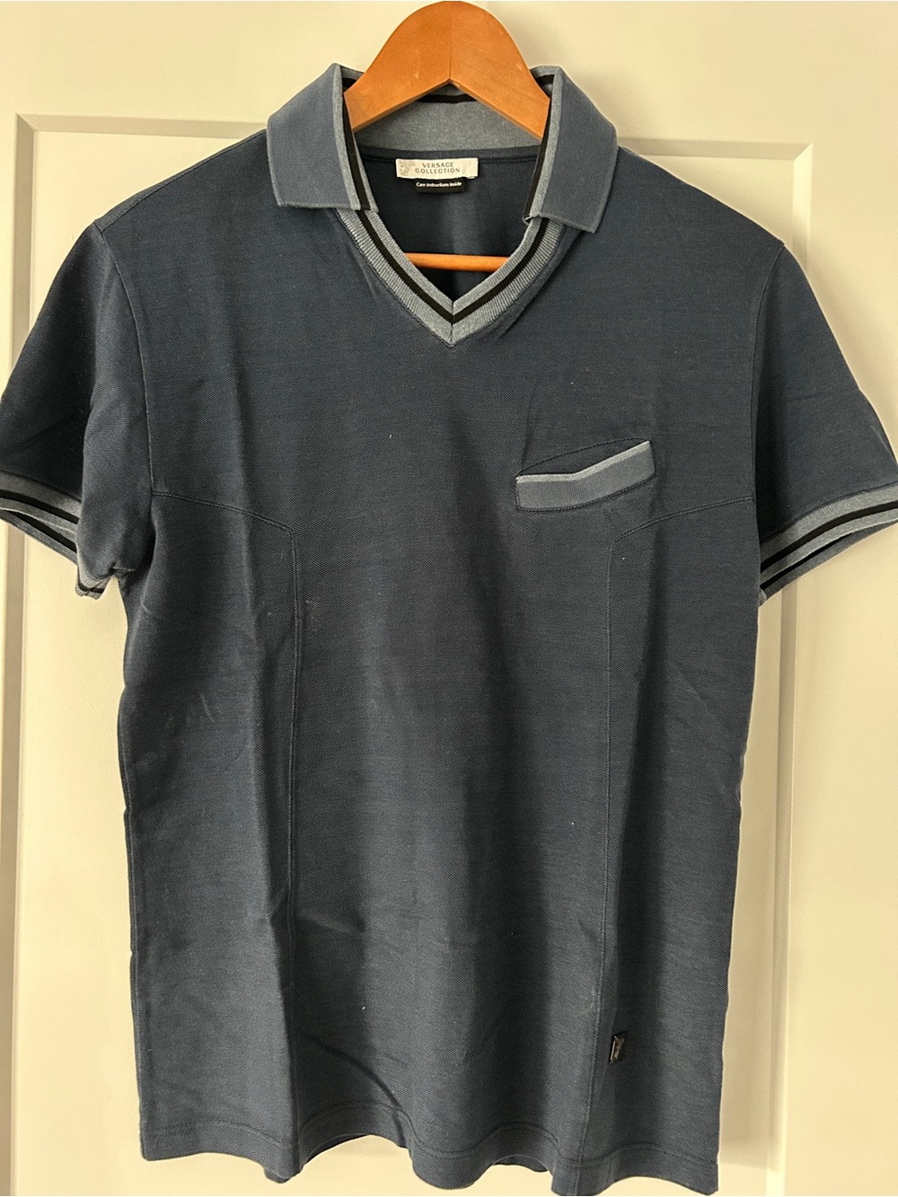 Versace Navy Polo with Light Blue Trim and Chest Pocket